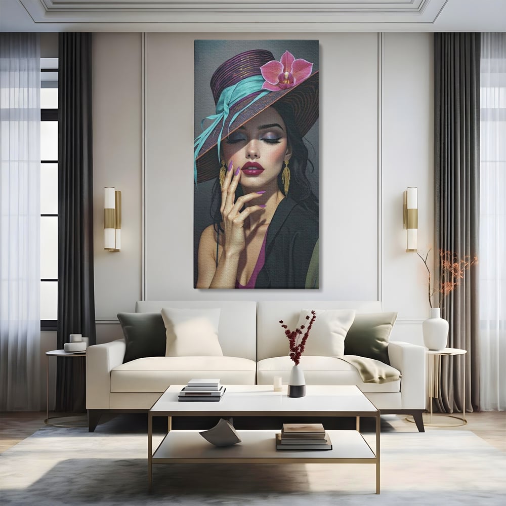 Tablou canvas cu tablou canvas cu portret de femeie cu palarie si orhidee, fara rama, pe sasiu de lemn, pe perete intr-un living